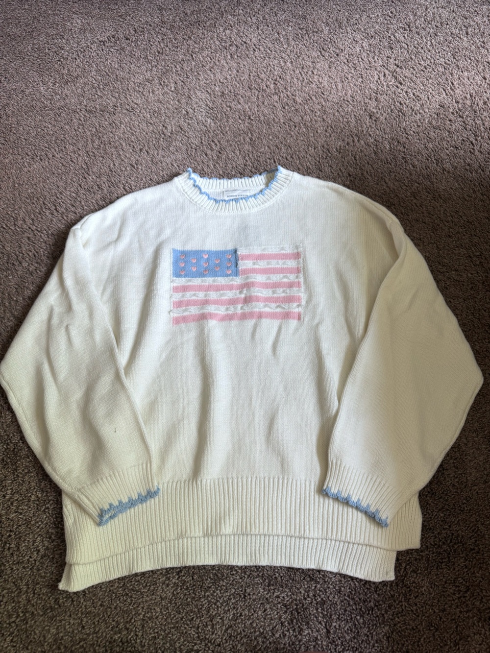 Cream Crewneck Sweater with Pink & Light Blue Flag Detail